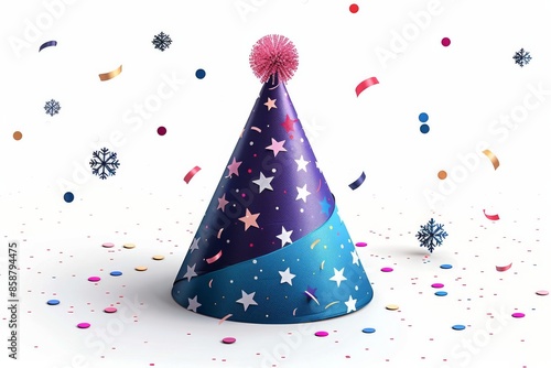 Isolated vector illustration of a festive party hat with confetti, with snowflakes around it on a white background, celebratory and cheerful