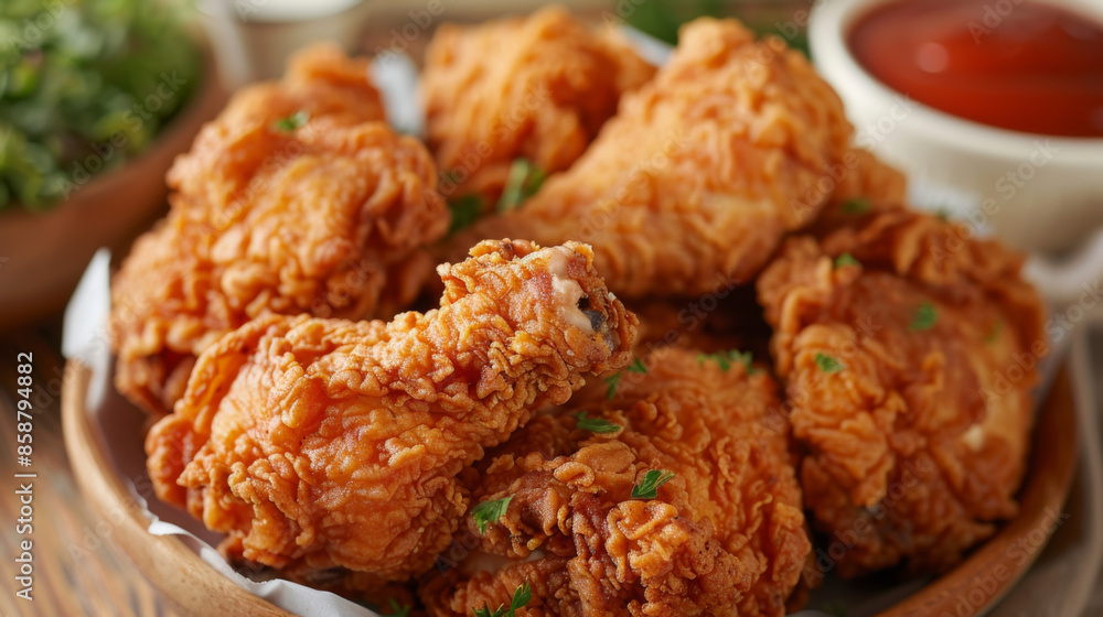 A delicious serving of crispy fried chicken pieces garnished with herbs, served on a platter. A delicious serving of crispy fried chicken pieces garnished with herbs, served on a platter.