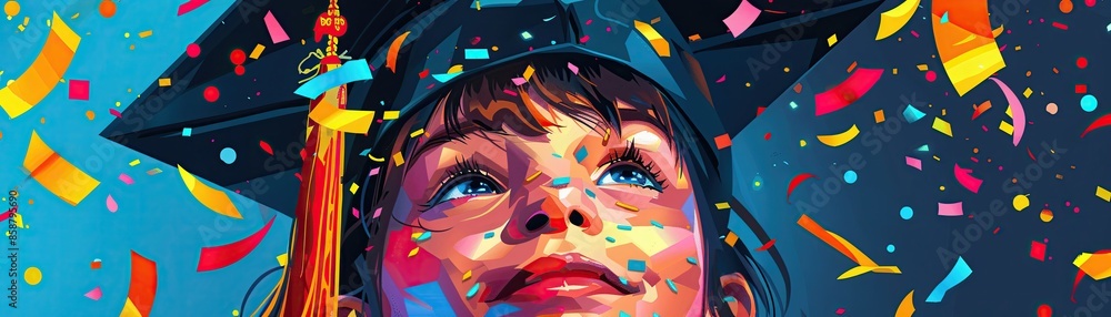A close-up of a childs face wearing a graduation cap with a big smile and bright eyes A close-up of a childs face wearing a graduation cap with a big smile and bright eyes
