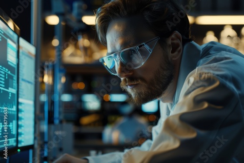 A focused scientist in a lab coat and protective glasses analyzes complex data on a high-tech monitor, representing advanced scientific research.