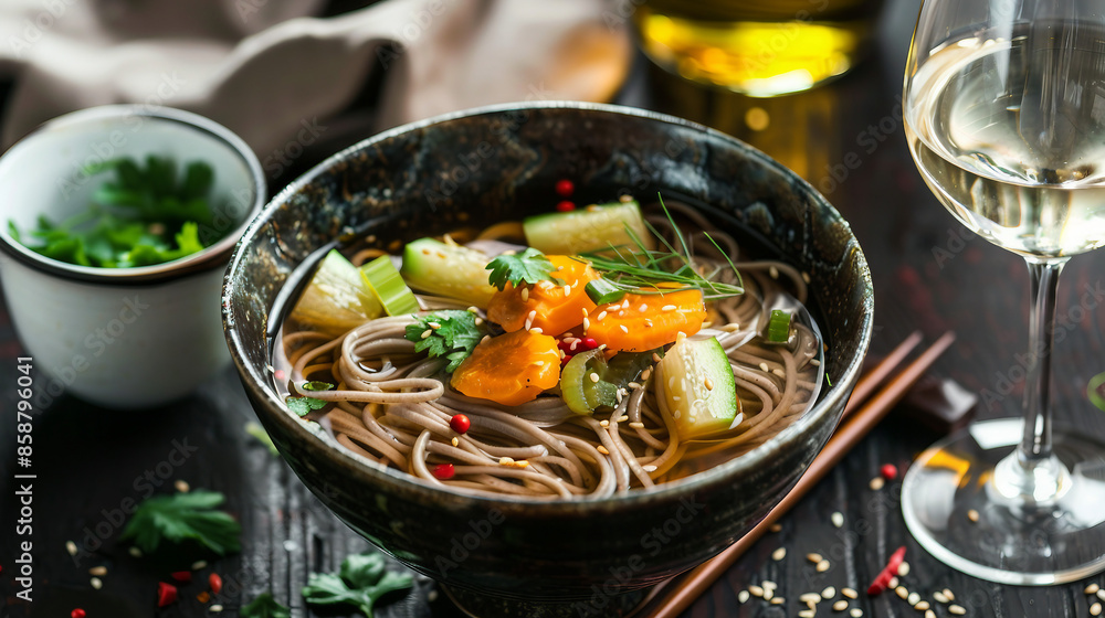Vibrant Golden Fennel Soba Noodle Soup with Quick Pickled Veggies and White Wine on Black Wooden Background Stock Photo Vibrant Golden Fennel Soba Noodle Soup with Quick Pickled Veggies and White Wine on Black Wooden Background Stock Photo