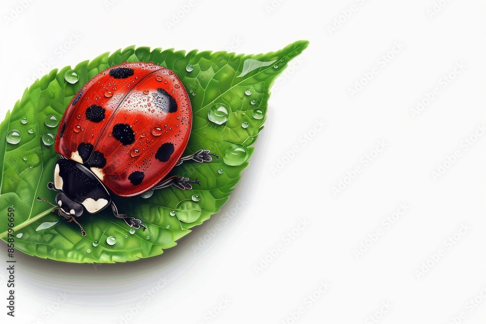 Isolated vector illustration of a ladybug on a leaf with dewdrops on a white background, detailed and vibrant, symbolizing spring freshness Isolated vector illustration of a ladybug on a leaf with dewdrops on a white background, detailed and vibrant, symbolizing spring freshness