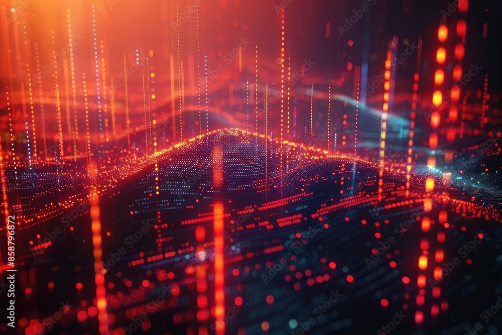 Fototapeta premium Abstract digital data flow with glowing red lines and dots, creating a futuristic and dynamic background.