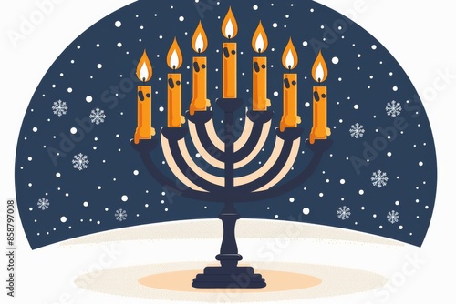 Isolated vector illustration of a menorah with lit candles, with snowflakes around it on a white background, simple and festive 