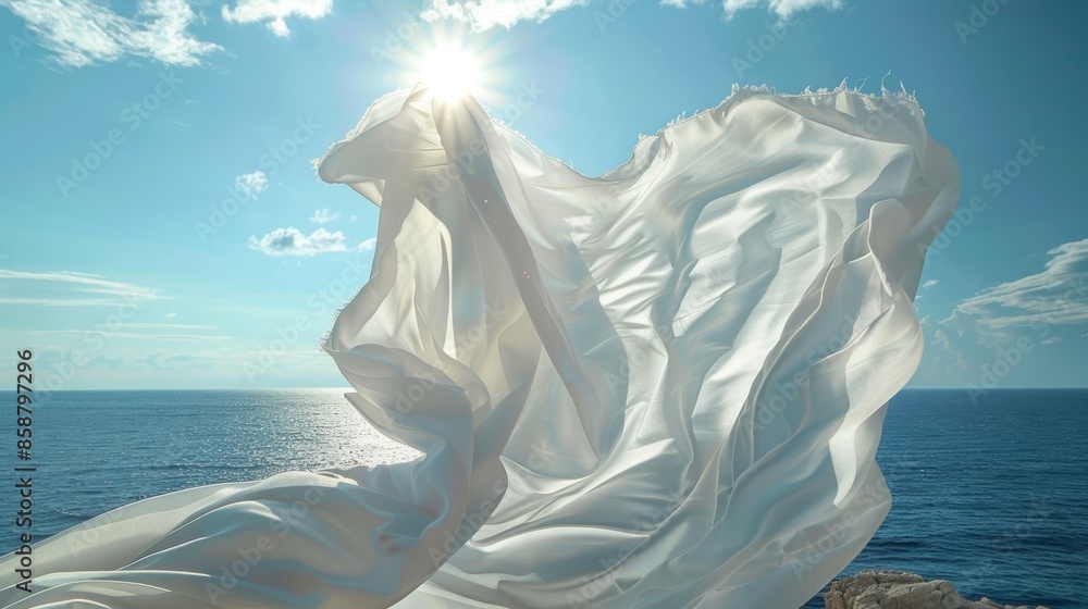 The billowing fabric dances in the wind as it overlooks the endless blue sea. The billowing fabric dances in the wind as it overlooks the endless blue sea.