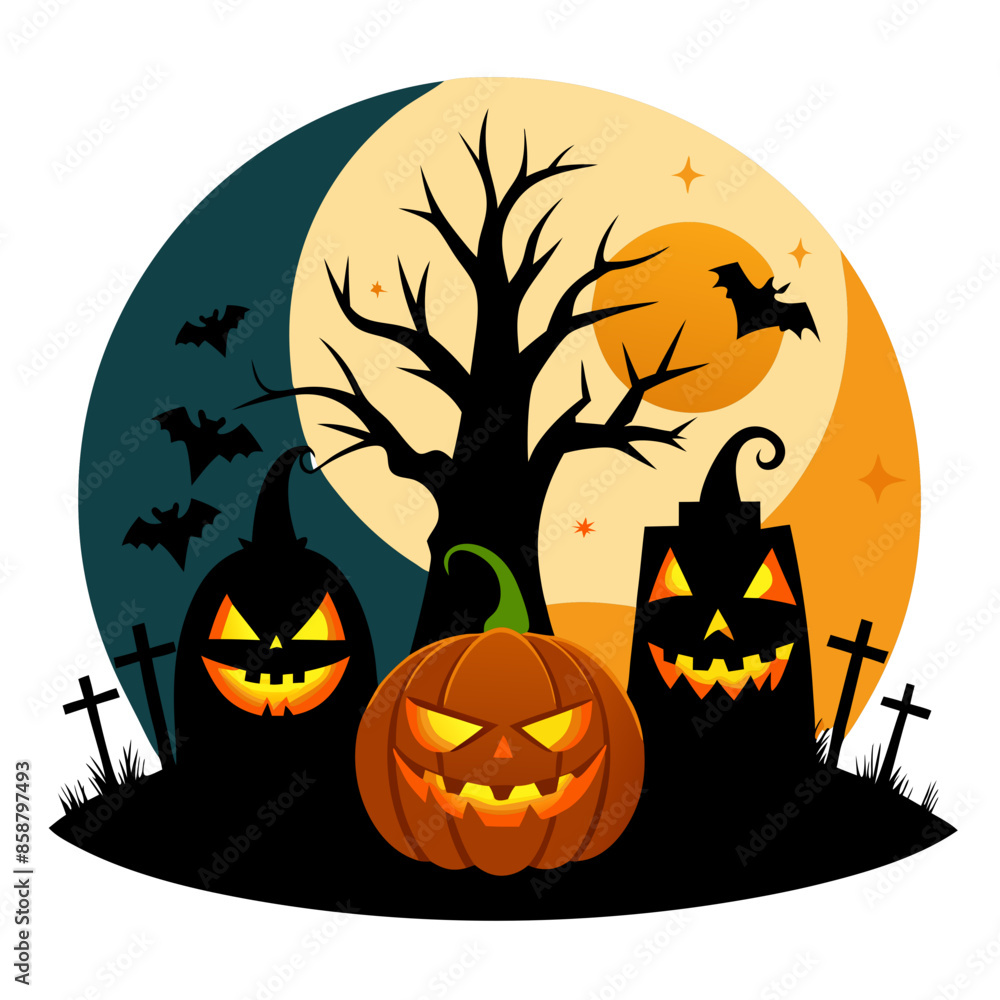 Halloween with pumpkins and bats illustration Halloween with pumpkins and bats illustration