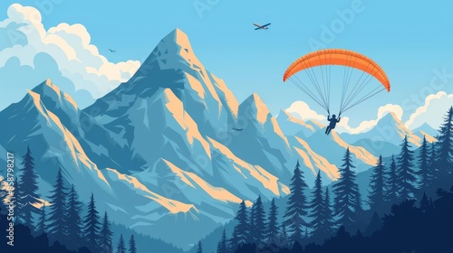 vector illustration of a man paragliding over mountains