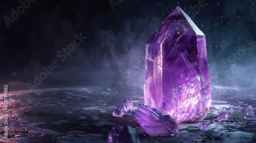 A Single Purple Amethyst Crystal Against Dark Background photo