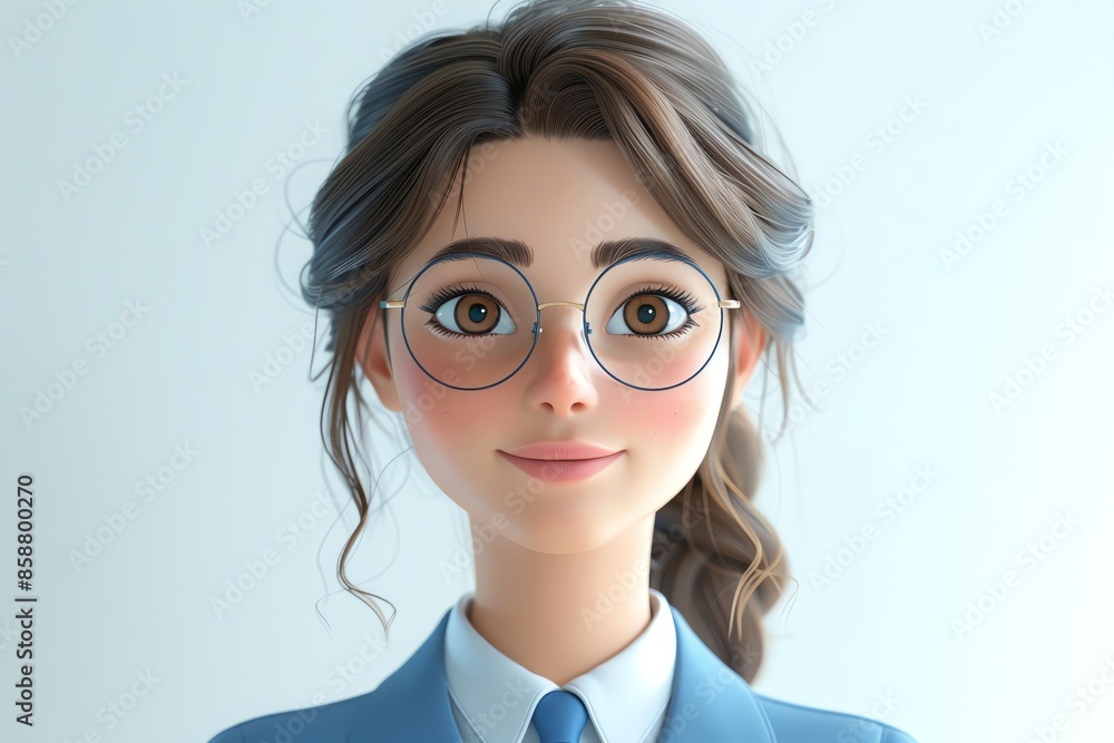 Animated portrait of young woman with glasses, smiling and wearing blue outfit. Ideal for character design and digital art references. Animated portrait of young woman with glasses, smiling and wearing blue outfit. Ideal for character design and digital art references.