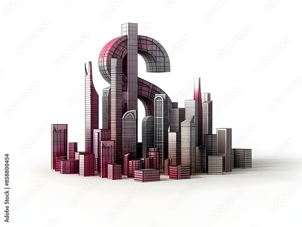 Sleek Modern Skyline with Qatari Riyal Currency Symbol in 3D Render Sleek Modern Skyline with Qatari Riyal Currency Symbol in 3D Render