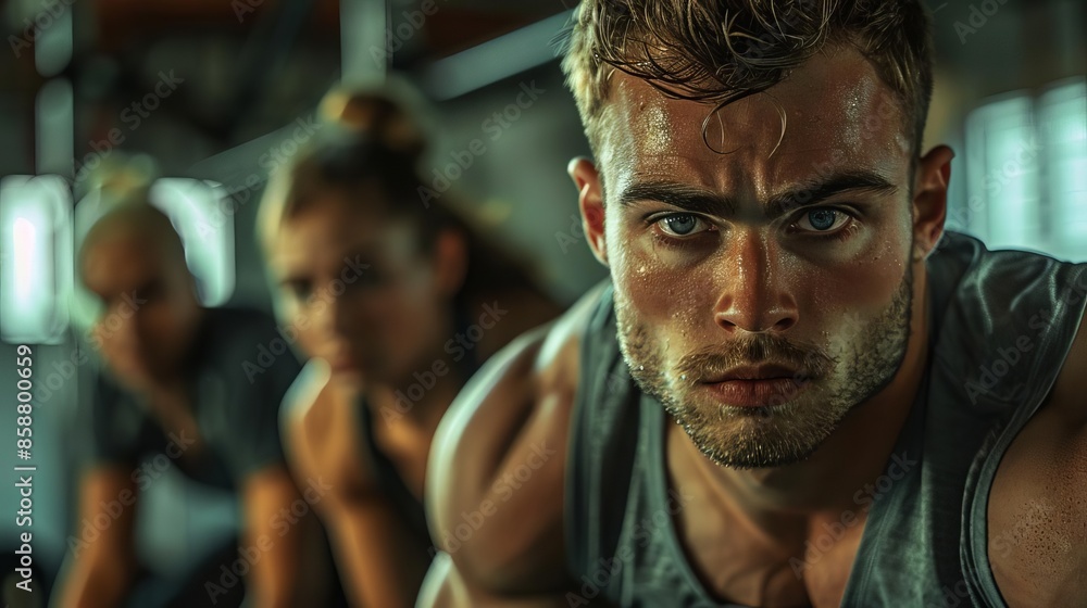 Detailed image Trainer overseeing clients vigorous cardio session Detailed image Trainer overseeing clients vigorous cardio session