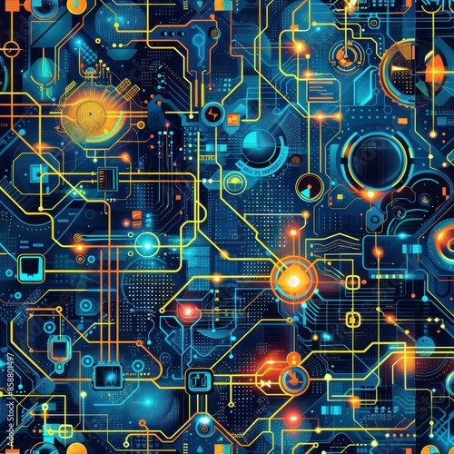 A colorful, abstract image of electronic circuitry with a yellow and blue background. The image is full of bright colors and intricate patterns, giving it a futuristic and technological feel