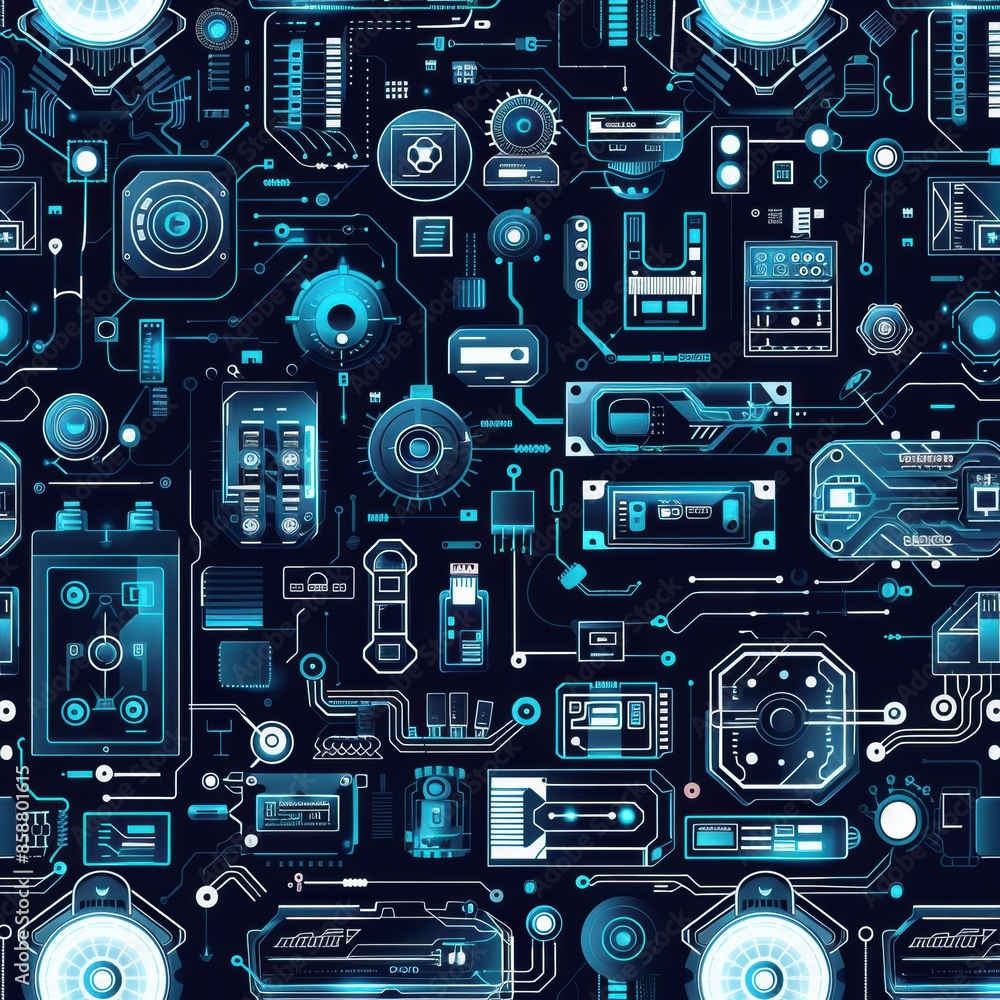 Fototapeta premium A blue and white image of electronic components. The image is a representation of the inner workings of a computer or other electronic device. The blue and white colors give the image a futuristic