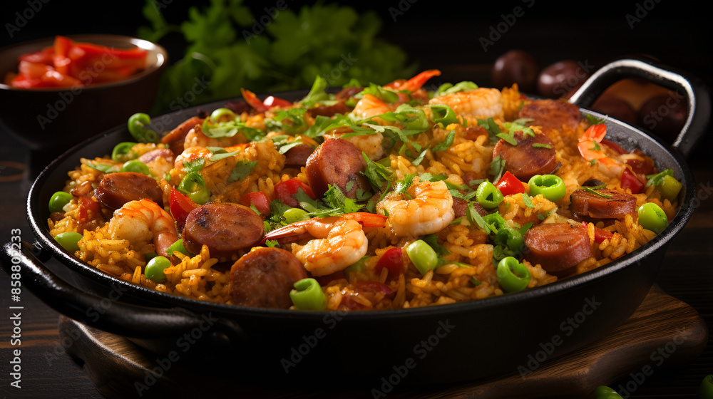 Flavorful Paella with Shrimp Sausage Vegetables and Fresh Herbs Flavorful Paella with Shrimp Sausage Vegetables and Fresh Herbs