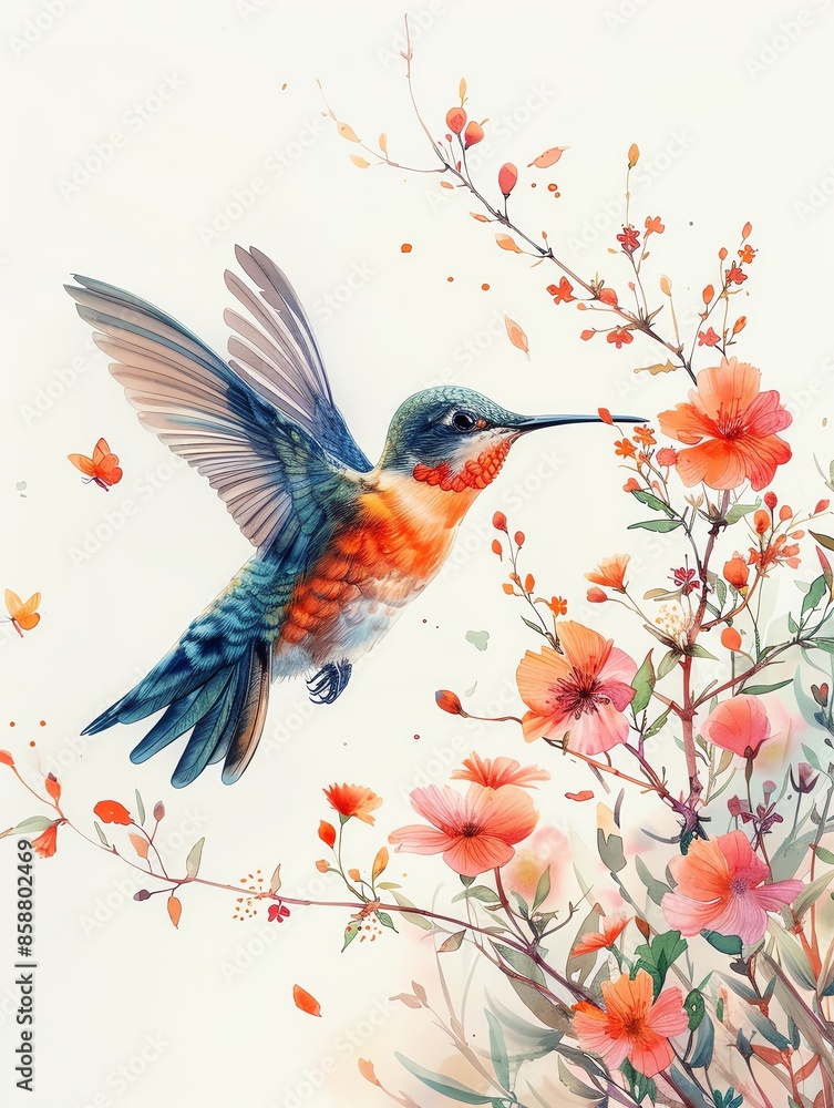 Fototapeta premium Colorful hummingbird hovering near vibrant flowers in a beautiful spring scene, capturing nature's beauty and delicate details.