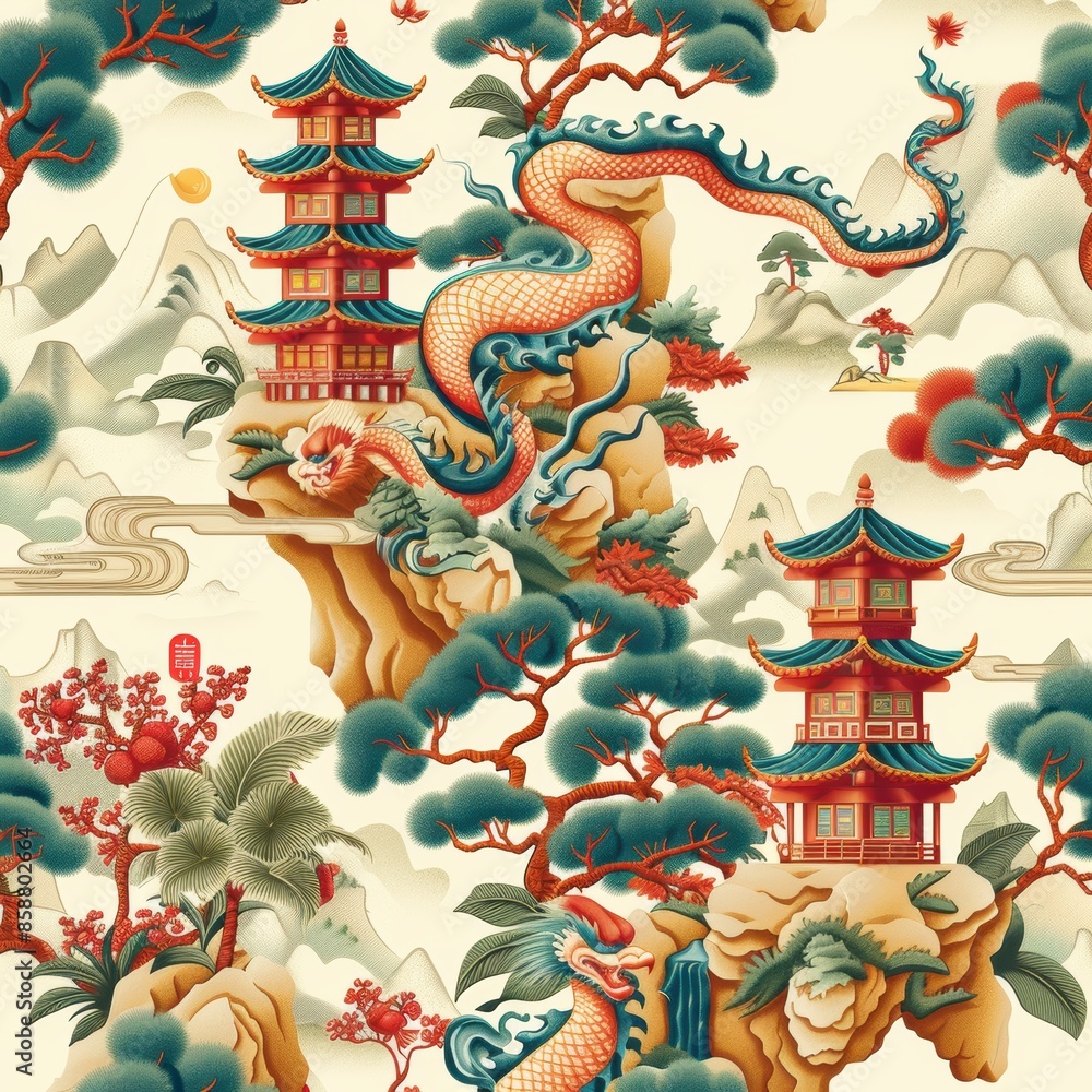 custom made wallpaper toronto digitalA dragon is depicted in a painting of a mountain landscape with a temple in the background. The dragon is surrounded by trees and rocks, and it is swimming in a river. The painting has a serene