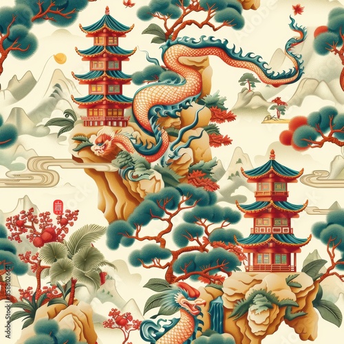 Wallpaper Mural A dragon is depicted in a painting of a mountain landscape with a temple in the background. The dragon is surrounded by trees and rocks, and it is swimming in a river. The painting has a serene Torontodigital.ca