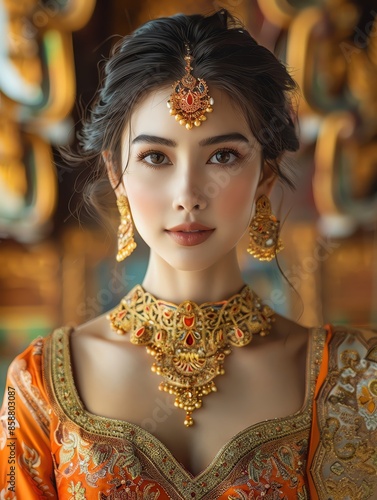 Elegant woman in traditional attire adorned with gold jewelry, showcasing cultural beauty and style in a vibrant setting. © Mind