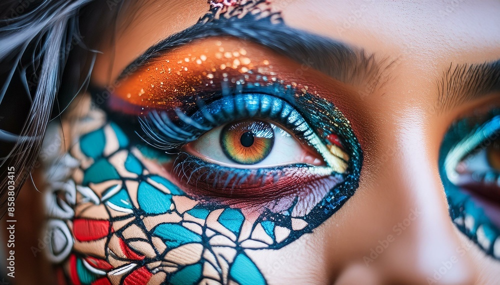Eye of model with colorful art make-up, close-up