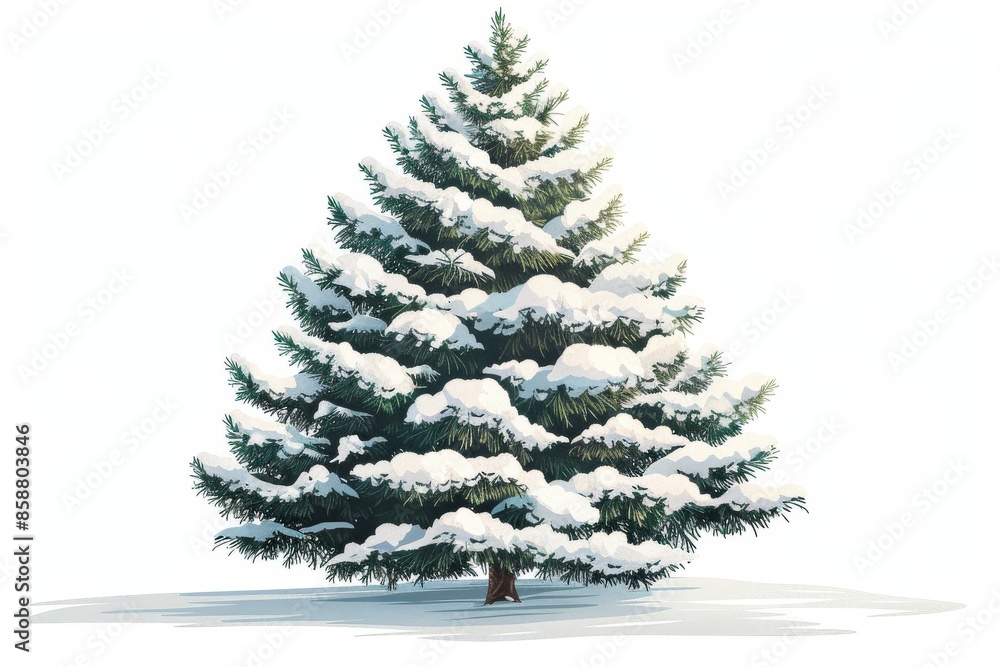Fototapeta premium Isolated vector illustration of a pine tree covered in snow on a white background, simple and serene 