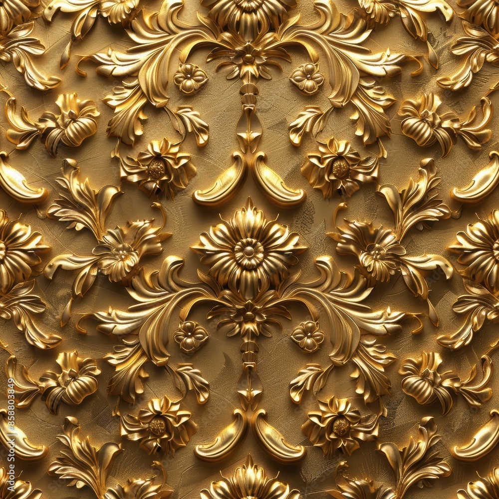 A gold leaf patterned wall with flowers and leaves. The gold leaf pattern is very intricate and detailed A gold leaf patterned wall with flowers and leaves. The gold leaf pattern is very intricate and detailed