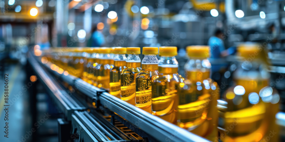 Bottles of oil being processed on a production line in a factory, representing industrial automation and manufacturing efficiency. Bottles of oil being processed on a production line in a factory, representing industrial automation and manufacturing efficiency.