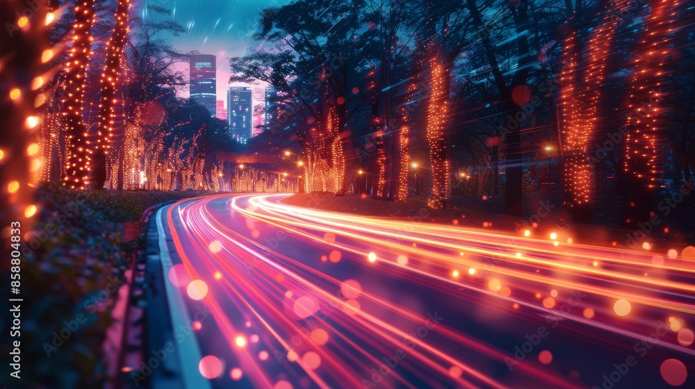 Obraz premium Futuristic data highway with light streaks leading to radiant endpoint, symbolizing information flow.