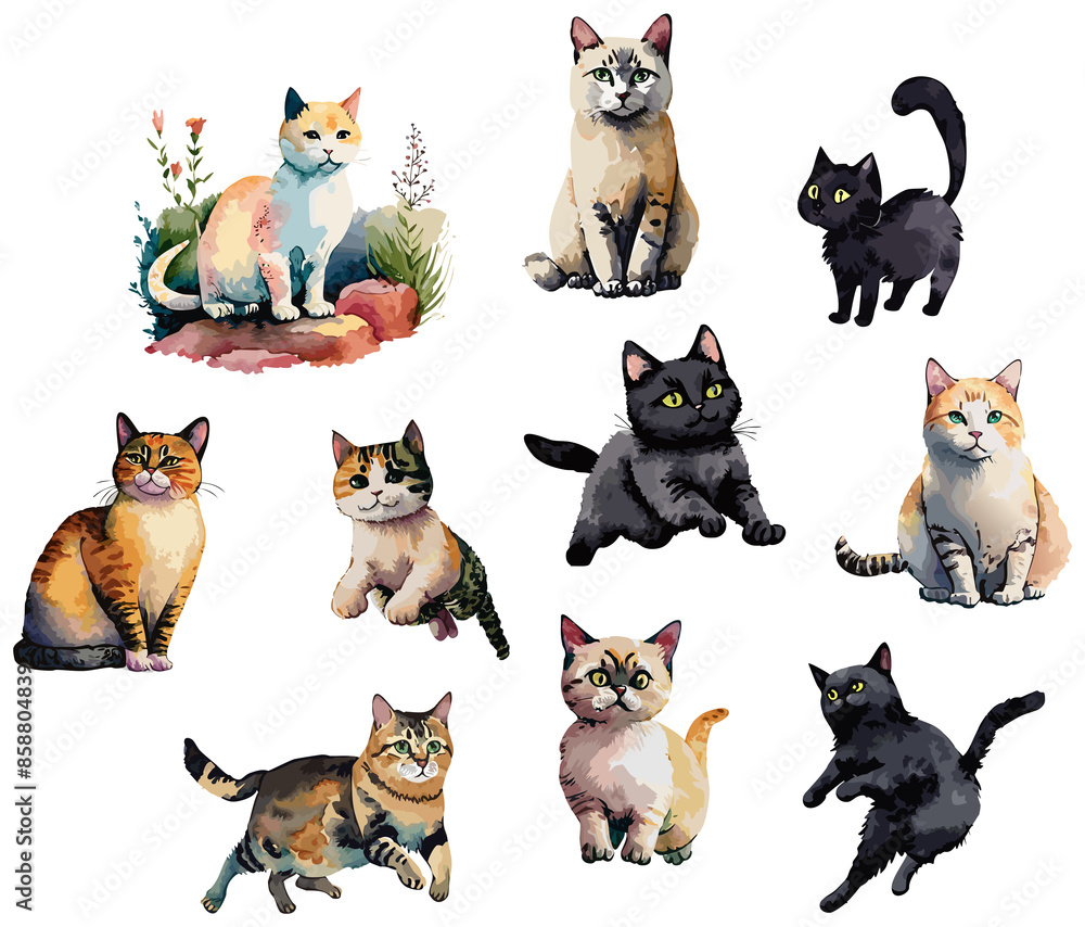 水彩画風の猫のイラストセット 水彩画風の猫のイラストセット