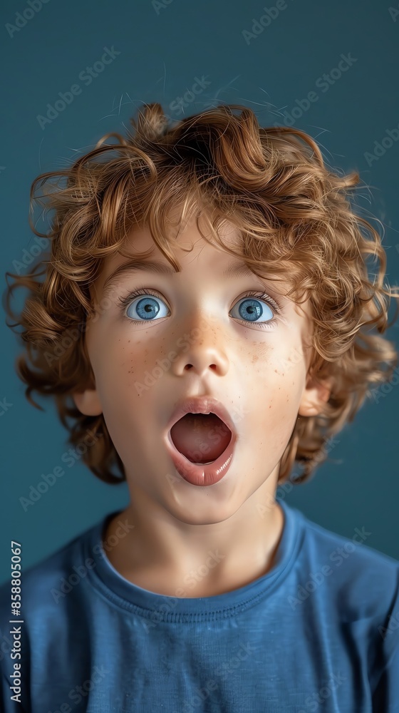 Surprised child with curly hair and blue eyes wearing a blue shirt against a blue background, expressing amazement. Surprised child with curly hair and blue eyes wearing a blue shirt against a blue background, expressing amazement.