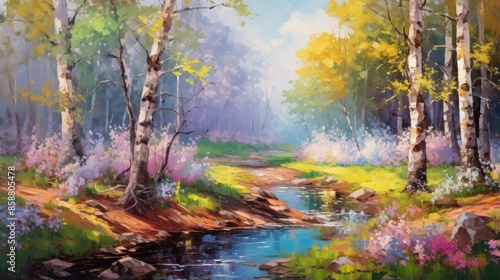 Colorful Springl Forest Oil Painting Landscape © Stock Photos Bank 