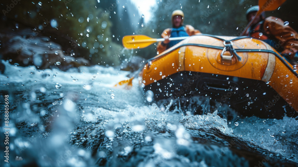 Fototapeta premium Close-up shot of a group whitewater rafting through turbulent rapids, highlighting the action and thrill of outdoor adventure.