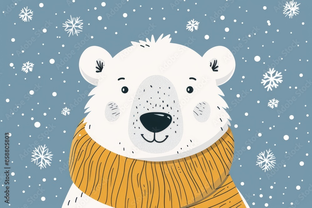 Isolated vector illustration of a polar bear wearing a scarf, surrounded by snowflakes on a white background, cute and whimsical Isolated vector illustration of a polar bear wearing a scarf, surrounded by snowflakes on a white background, cute and whimsical