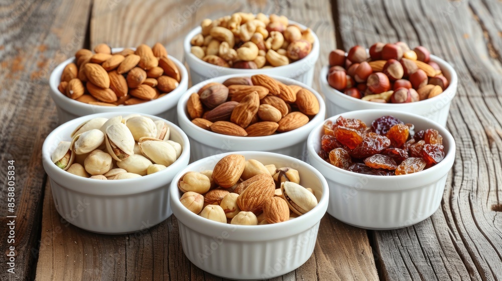 Assortment of nuts and dried fruits in small white bowls as nutritious snacks Assortment of nuts and dried fruits in small white bowls as nutritious snacks