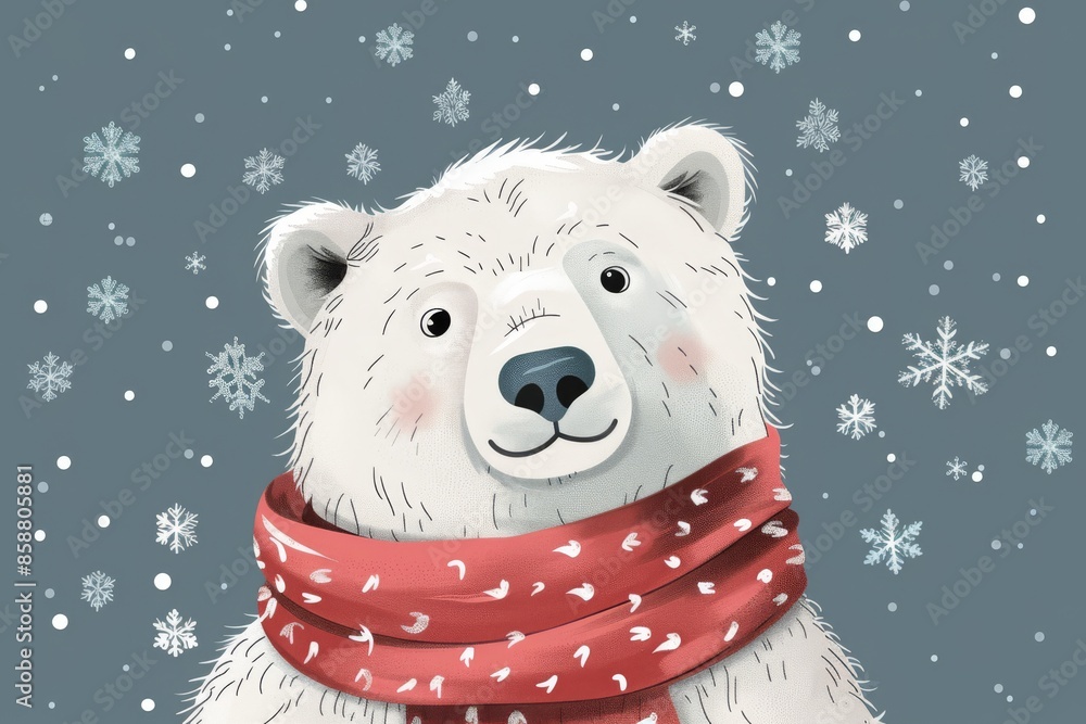 Isolated vector illustration of a polar bear wearing a scarf, surrounded by snowflakes on a white background, cute and whimsical Isolated vector illustration of a polar bear wearing a scarf, surrounded by snowflakes on a white background, cute and whimsical