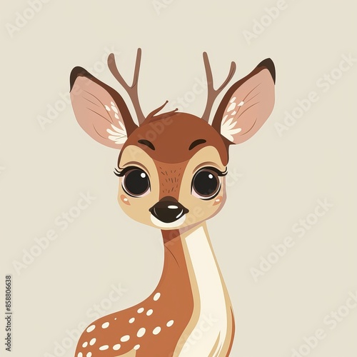 Simple, child-friendly deer illustration with big, expressive eyes and a minimalist design. Brown in color, cheerful in nature.