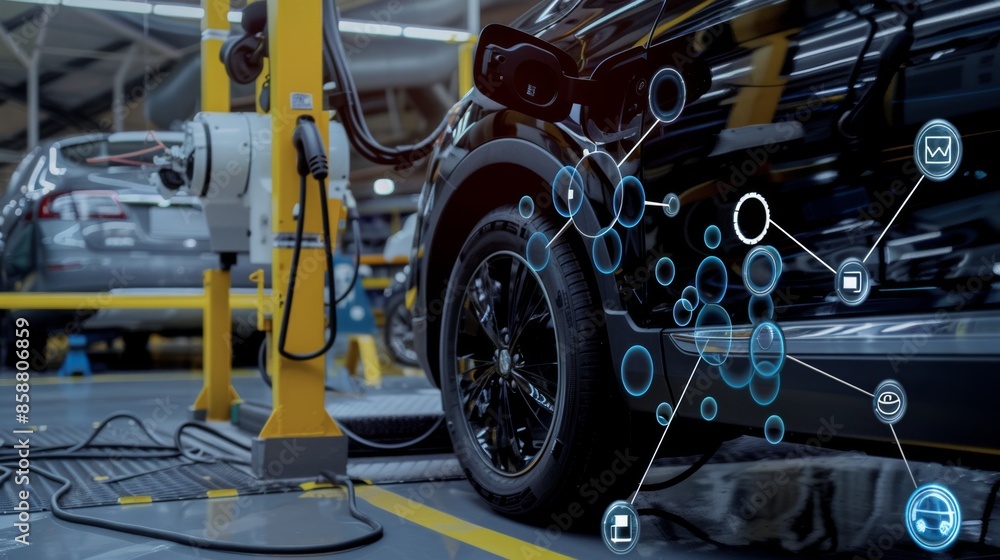 Fototapeta premium The image shows a car assembly line with a focus on a car wheel and technological icons related to connectivity and automation.