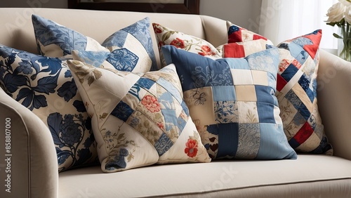 Patchwork pillows On a neutral sofa, blue throw pillows with patchwork prints provide flair and coziness, improving the living room's interior design style. no people, photography, color image, cushio