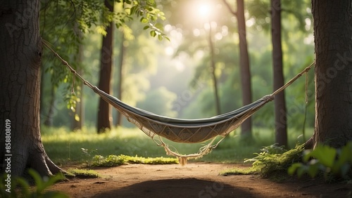 forest hammock retreat a tranquil hammock strung between two trees in a quiet forest corner, perfect for meditation and relaxation while surrounded by the embrace of nature photo