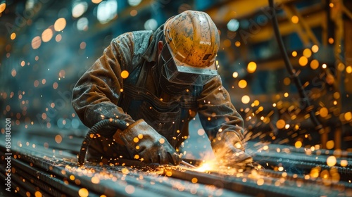Industrial laborer in safety gear cuts steel bars with a gas torch, sparks flying.