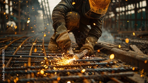 Construction worker uses torch to cut steel rebar among dusty urban building site.