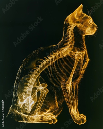 Radiographic image of a cat in shades of rustic orange, marigold, dirt brown, and beryl blue, showcasing its head, spine, and abdomen.