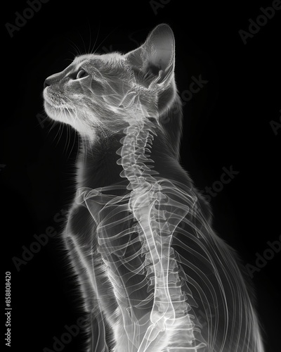 Radiographic image of cat shows detailed bone structure of head, spine, and abdomen.
