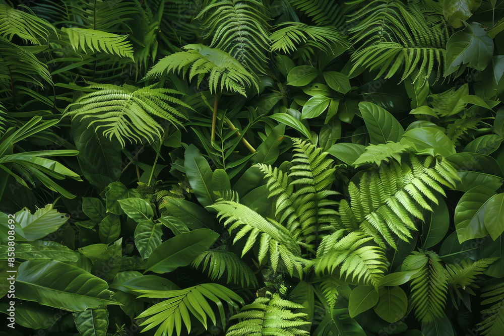 A Dense Array of Vibrant Green Ferns and Broad Leaves in a Lush Forest, Illuminated by Subtle Sunlight, Creating a Serene and Inviting Natural Background