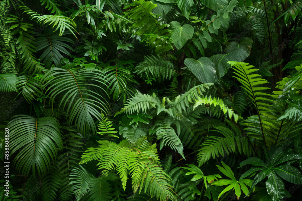 A Dense Array of Vibrant Green Ferns and Broad Leaf Tropical Plants Illuminated by Dappled Sunlight in a Lush Jungle Setting A Dense Array of Vibrant Green Ferns and Broad Leaf Tropical Plants Illuminated by Dappled Sunlight in a Lush Jungle Setting