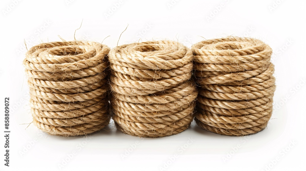 Assorted natural rope spools in different sizes on a white background. Assorted natural rope spools in different sizes on a white background.