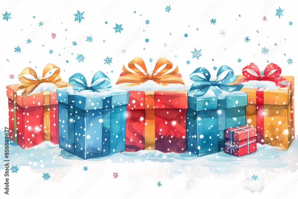 Obraz premium Isolated vector illustration of a set of wrapped holiday presents, with snowflakes around them on a white background, colorful and festive