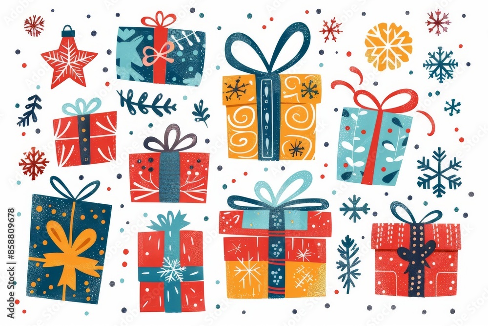 Isolated vector illustration of a set of wrapped holiday presents, with snowflakes around them on a white background, colorful and festive Isolated vector illustration of a set of wrapped holiday presents, with snowflakes around them on a white background, colorful and festive