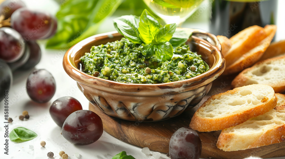 Exquisite Gorgonzola Hazelnut Cilantro Pesto Delight with Crostini, Grapes, and Wine in Ceramic Bowl - Culinary Delicacy Stock Photo Exquisite Gorgonzola Hazelnut Cilantro Pesto Delight with Crostini, Grapes, and Wine in Ceramic Bowl - Culinary Delicacy Stock Photo