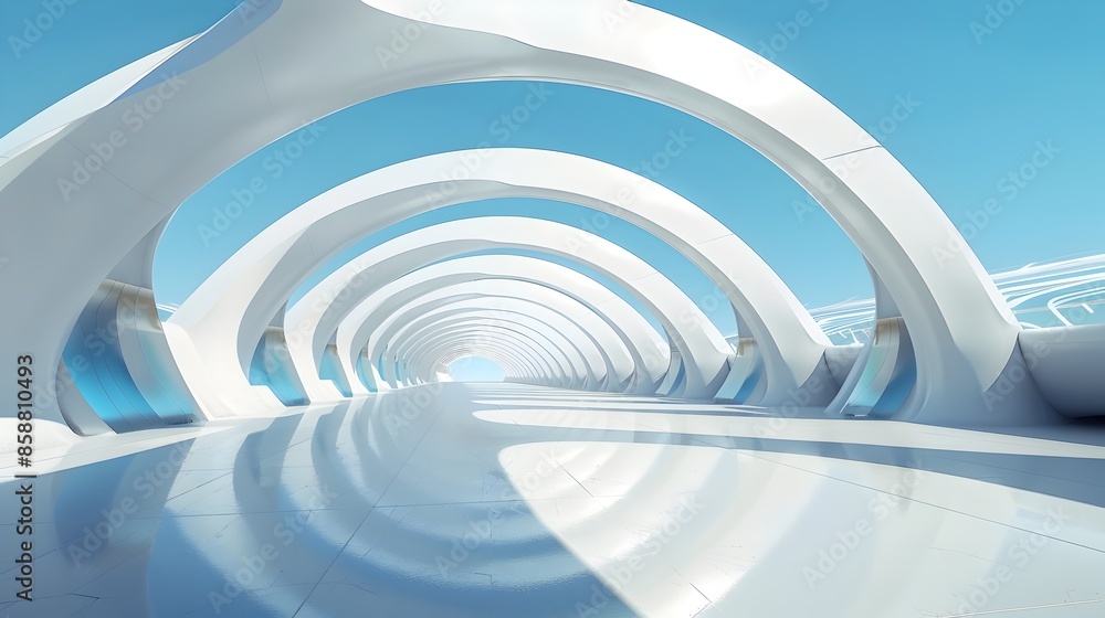 Fototapeta premium Abstract Modern Architectural Tunnel with Minimalist Symmetrical White Interior Design