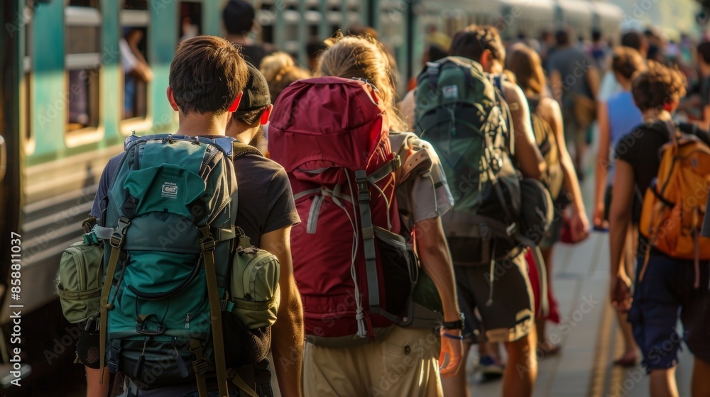 The platform is a sea of backpacks as these freespirited travelers prepare to hop on the train. The platform is a sea of backpacks as these freespirited travelers prepare to hop on the train.